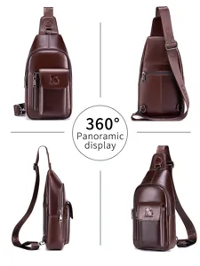 Men's Genuine Leather Chest Bag Casual Crossbody Sling Bag Multi-Pockets Brown Color