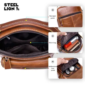 Men vintage genuine leather shoulder crossbody bag with multi pockets brown business casual.