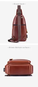 Leather chest bag detail view, brown sling bag back and bottom surface display.