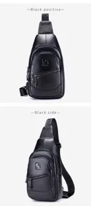 Men genuine leather chest bag black casual sling crossbody backpack with USB charging.