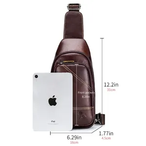 Men's genuine leather chest bag casual sling shoulder crossbody daypack with spacious compartments.