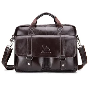 Brown leather briefcase detail, business laptop bag with dual front pockets and metal hardware.