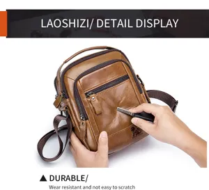 Genuine leather men's shoulder bag, durable scratch-resistant cross-body bag detail view.