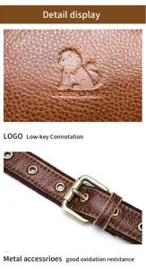 Genuine leather waist bag detail showing cowhide texture, lion logo and metal hardware.