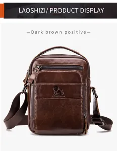 Men's genuine leather vertical shoulder bag, vintage dark brown crossbody bag for daily use.