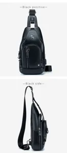 Genuine leather chest bag for men, casual crossbody sling bag with USB charging port detail.