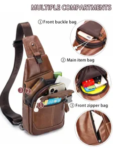 Vintage genuine leather chest bag for men, multi-compartment casual single shoulder crossbody bag.