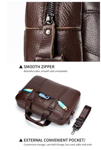 Men genuine leather business briefcase shoulder bag detail with smooth zipper pockets
