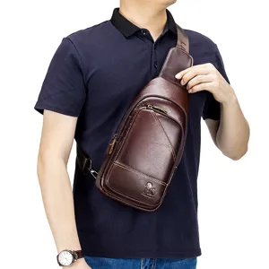 Men genuine leather chest bag vintage brown crossbody shoulder sling bag detail view