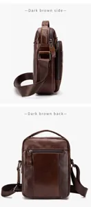 Detailed view of dark brown leather men shoulder bag, classic vintage vertical style.