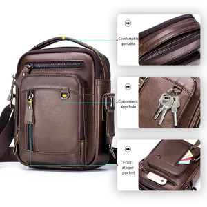 Detail view showing handle, metal keychain ring, and front zipper pocket of leather bag.