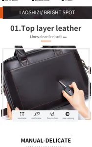 Top layer cowhide leather briefcase detail showing clear texture and wear resistant quality.
