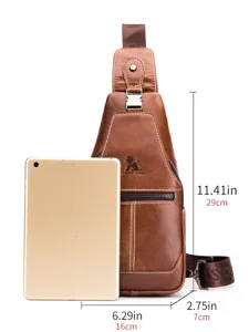 Men genuine leather chest bag vintage casual sling bag crossbody daypack for outdoor travel