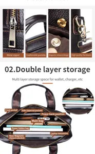 Men's genuine leather briefcase business laptop bag with multi-layer storage and metal zippers.