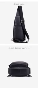 Detailed view of the black leather chest bag showing the back and bottom surface design.