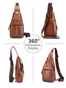 Genuine leather men retro casual sling chest bag multi-angle display fashion new!