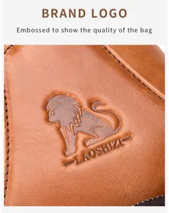 Detailed view of genuine leather chest bag showing fine embossing detail and lion logo craft.