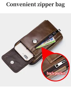Detail shot of cowhide men waist bag showing back zipper pocket and card slots storage.