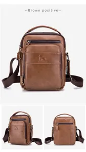 Detail view of the vintage genuine leather men's shoulder bag, featuring multi-zipper pockets.