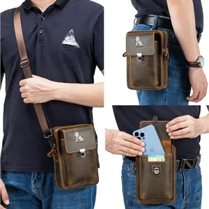 Marsupio da Uomo in Vera Pelle Borsa a Tracolla Multifunzionale per Smartphone