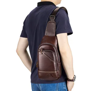 Men genuine leather chest bag single shoulder crossbody bag vintage cowhide sling bag dark brown