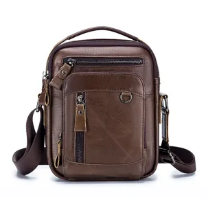 Men's genuine leather retro casual cross-body shoulder bag multi-pocket mini handbag.