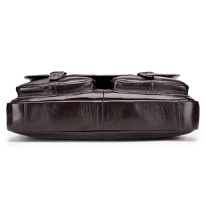Detailed view of dark brown cowhide leather men business briefcase bottom and front pockets.