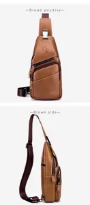 Brown leather chest bag for men, multi-functional vintage sling backpack with zipper pockets.