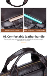 Men genuine leather briefcase detail view showing comfortable handle and magnetic pockets.