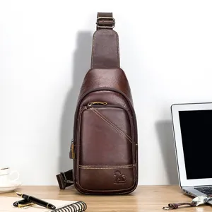 Premium leather sling bag for men, casual chest daypack with multi-pockets for daily travel.