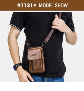 Men's genuine leather waist bag, vintage crossbody phone pouch for men, casual belt bag.