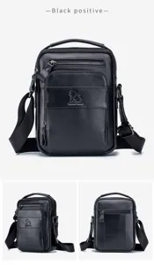 Men leather shoulder bag vintage vertical crossbody small bag black multi-compartment casual