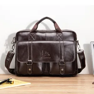 Detailed view of brown leather laptop briefcase, large capacity business messenger bag.