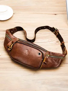 Men Genuine Leather Chest Bag Vintage Top Layer Cowhide Waist Bag Multifunctional Crossbody Sling Bag