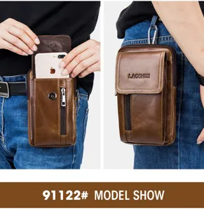 Men genuine leather phone waist bag for 5.5 inch smartphone, casual belt holster pouch.
