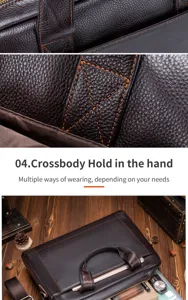 Detailed view of men's genuine leather briefcase showing fine stitching and texture quality.
