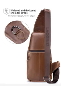 Detailed view of the brown leather sling bag featuring a widened thick shoulder strap and metal ring.