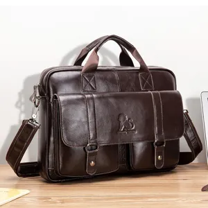 Men genuine leather briefcase vintage business laptop bag large capacity shoulder messenger.