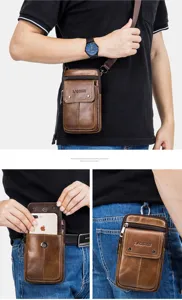 Men's genuine leather waist bag vintage cowhide phone pouch crossbody casual belt bag