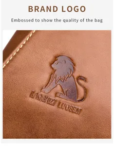 Detailed shot of genuine leather chest bag showing premium embossed lion logo and texture.