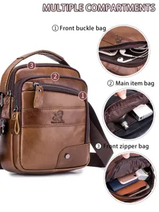 Men genuine leather crossbody bag casual business shoulder bag multi pocket vintage brown