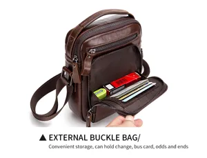 Detail view of the retro leather men's crossbody bag showing interior card slots and storage.