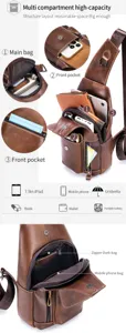 Men genuine leather chest bag vintage casual crossbody sling bag multi compartment