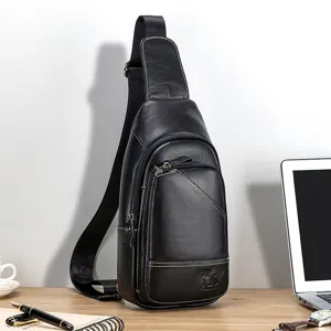 Genuine leather men sling bag casual chest bag fashion crossbody bag with detailed craftsmanship.