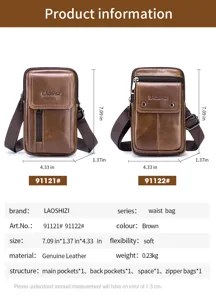Men genuine leather waist bag vintage casual belt pouch with multiple pockets and secure zipper.