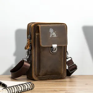 Borsa a tracolla retro in vera pelle da uomo, marsupio multifunzionale casual per telefono.