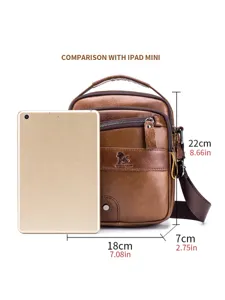 Genuine leather men's messenger bag, vintage brown small crossbody shoulder bag for daily business.