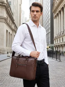 Men's Genuine Leather Business Briefcase Crossbody Shoulder 15-Inch Laptop Bag Brown