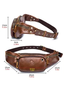 Genuine leather fanny pack for men, vintage brown waist bag with multi zippers and pockets.