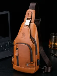 Men Genuine Cowhide Leather Chest Bag Vintage Casual Sling Crossbody Bag With USB Charging Port Fashion Daypack